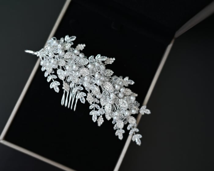 Accesoriu pieptan NAOMI, ramuri diafane cu cristale Zirconiu Cubic si Perle [2]