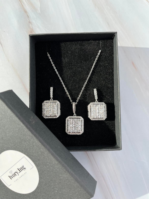Set bijuterii Office, colier si cercei, Argintiu, 45 cm, cristale Zirconiu Cubic [4]