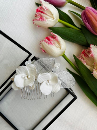 Accesoriu  “Bloom” cu flori din ceramica si frunze argintate [2]