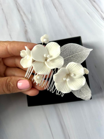 Accesoriu  “Bloom” cu flori din ceramica si frunze argintate [1]