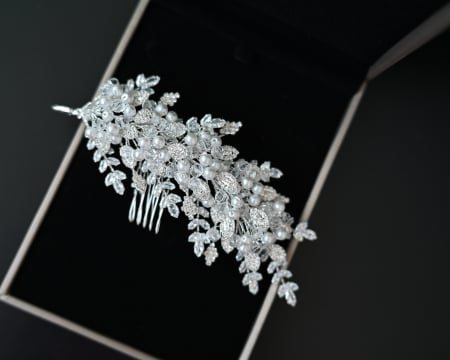 Accesoriu pieptan NAOMI, ramuri diafane cu cristale Zirconiu Cubic si Perle [1]