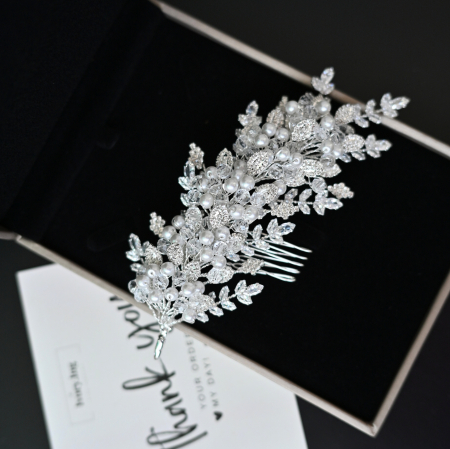 Piepteni & Pini - Accesoriu pieptan NAOMI, ramuri diafane cu cristale Zirconiu Cubic si Perle