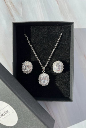 Set bijuterii LARA, colier si cercei, Argintiu, 45 cm, cristale Zirconiu Cubic [1]