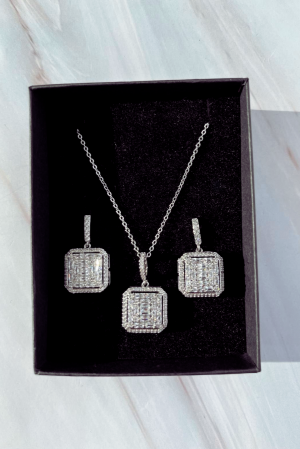Seturi - Set bijuterii Office, colier si cercei, Argintiu, 45 cm, cristale Zirconiu Cubic