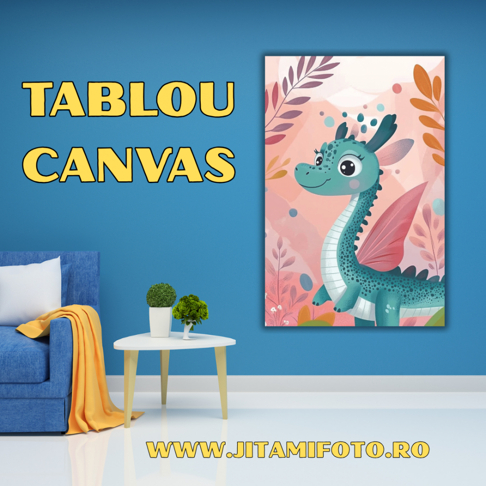 Tablou Canvas Copii – Dragon Verde Fermecat pe Fundal Roz | Decor de Poveste [1]