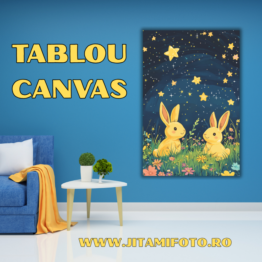 Tablou Canvas Copii – Iepurași sub Cer Înstelat | Decor de Noapte pentru Camera Copilului [1]