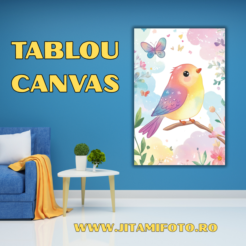 Tablou Canvas Păsărică Colorată – Decor Pastel în Stil Acuarelă pentru Cameră Copii [1]