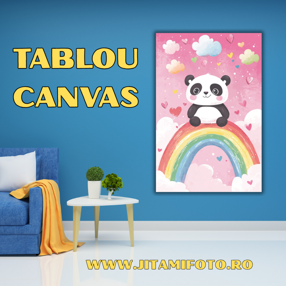 Tablou Canvas Panda pe Curcubeu – Decor Roz Jucăuș pentru Cameră Copii sau Bebeluși [1]
