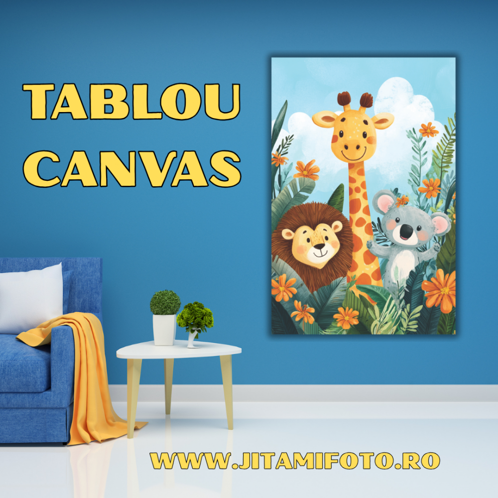 Tablou Canvas Animale din Junglă – Girafă, Leu și Koala, Decor Jucăuș pentru Cameră Copii [1]