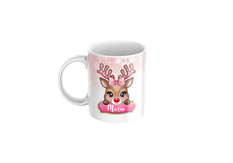 Cani pentru Craciun - Cana Personalizată de Crăciun cu Ren și Nume Fetita – Ceramică, 330 ml