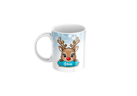 Cani pentru Craciun - Cana Personalizată de Crăciun cu Ren și Nume Baietel – Ceramică, 330 ml