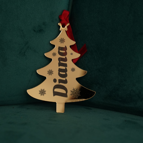 Glob de Crăciun Personalizat din Plexiglass Auriu Oglindă – Model Brad cu Nume [2]