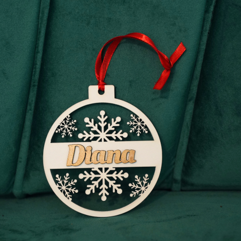 CRACIUN - Glob din lemn vopsit personalizat cu nume - Alb cu Auriu