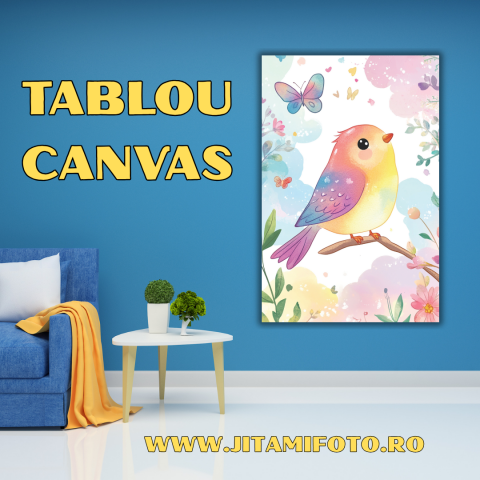 TABLOURI CANVAS COPII - Tablou Canvas Păsărică Colorată – Decor Pastel în Stil Acuarelă pentru Cameră Copii