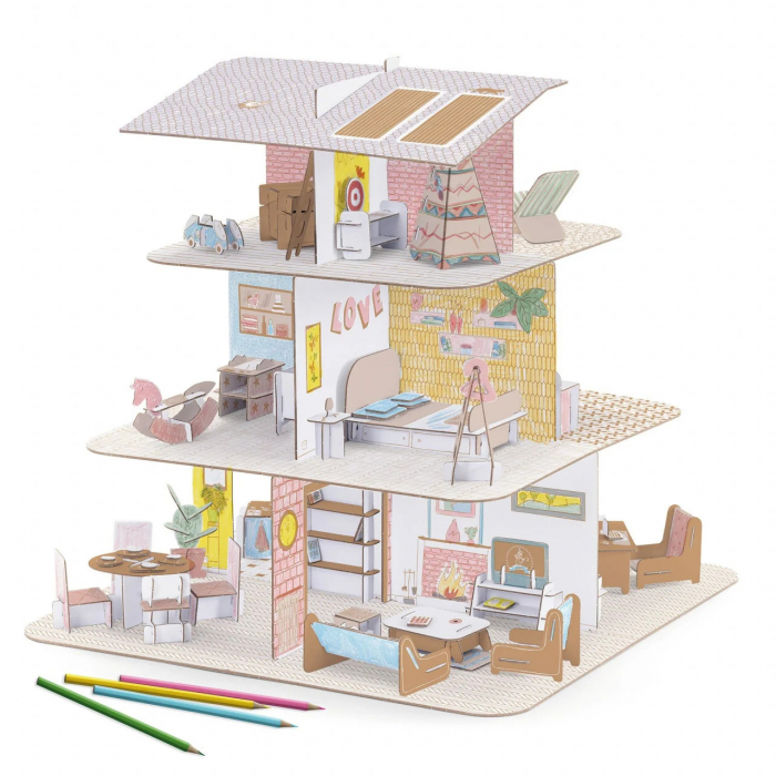 Casuta Papusilor Djeco de Asamblat si Colorat, Carton, 225 Piese Mobilier si Accesorii [3]