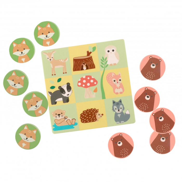 Joc Tic Tac Toe din Lemn, Animalutele Padurii, 10 Piese in Punga Textila [3]