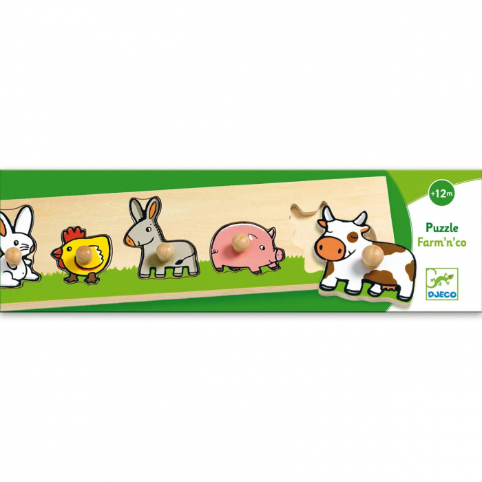Puzzle cu Buton Ferma, 5 Animale, Djeco, 12+ Luni [2]