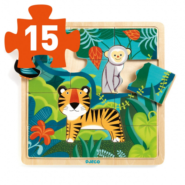 Puzzle din Lemn tip Jungla, cu Animale si Pasari, 15 Piese [3]