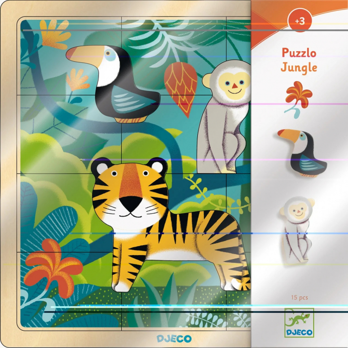 Puzzle din Lemn tip Jungla, cu Animale si Pasari, 15 Piese [2]