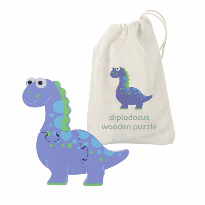 Puzzle Dinozaur din Lemn - Diplodocus, 4 Piese 3D, in Saculet de Panza [2]