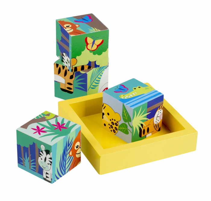 Set 4 Cuburi cu Animale din Jungla, Montessori, din Lemn, Orange Tree Toys, 18+ Luni [4]