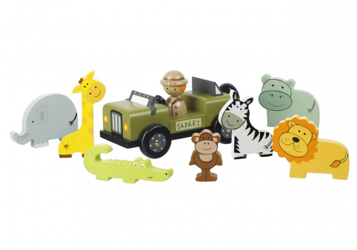 Set Aventura in Safari, Jeep si 8 Figurine, din Lemn, Orange Tree Toys, 12+ Luni [3]