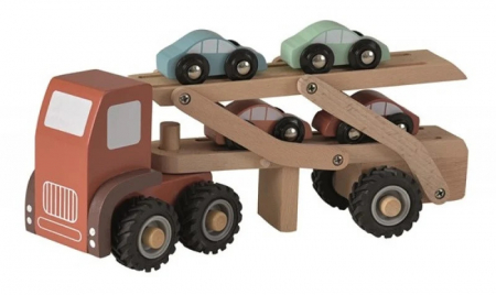 După Vârstă - Camion din Lemn pentru Transport Masini, 4 Masinute Incluse, Culori Pastel