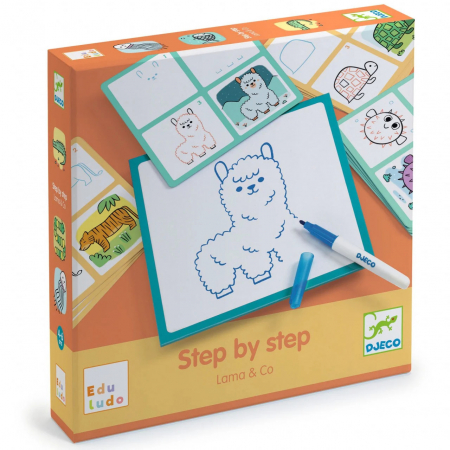 Creative - Joc Educativ Deseneaza Pas cu Pas Lama & Co, 24 Sabloane, Djeco