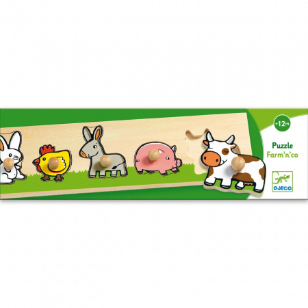 Puzzle cu Buton Ferma, 5 Animale, Djeco, 12+ Luni [1]