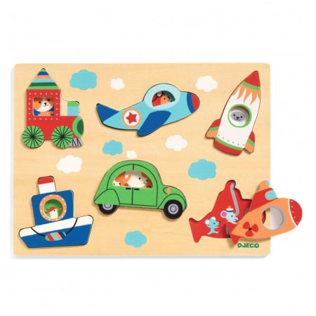 Jucarii din lemn - Puzzle din Lemn 6 Vehicule cu Surprize, 18+ Luni