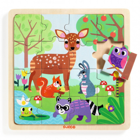 4 - 5 Ani - Puzzle din Lemn, Padure cu Animale, 16 Piese