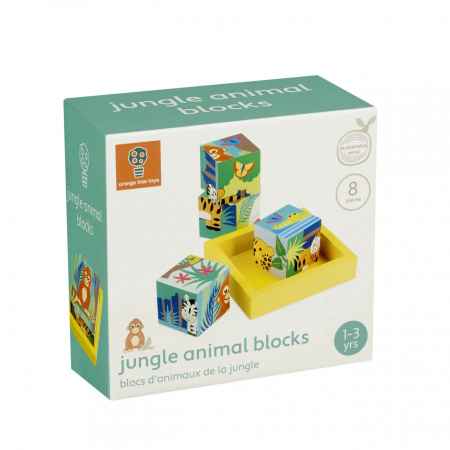 Pentru Bebe - Set 4 Cuburi cu Animale din Jungla, Montessori, din Lemn, Orange Tree Toys, 18+ Luni