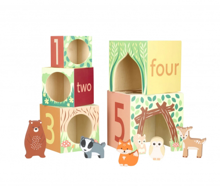 Pentru Bebe - Set 5 Cuburi din Lemn de Stivuit cu 5 Animalute din Padure
