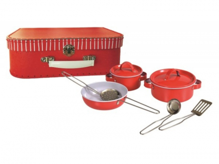 De rol - Set Valiza cu Vase Metalice Rosii si Ustensile Gatit, Egmont Toys