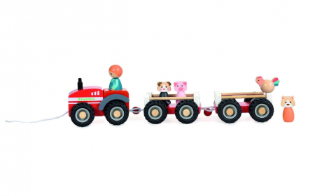 Vehicule - Tractor Ferma cu 2 Remorci si 5 Figurine, din Lemn si Cauciuc, Egmont Toys