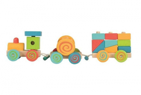 Pentru Bebe - Trenulet cu Cuburi, din Lemn, Locomotiva cu 2 Vagoane, 9 Blocuri si Clopotel, 12+ Luni