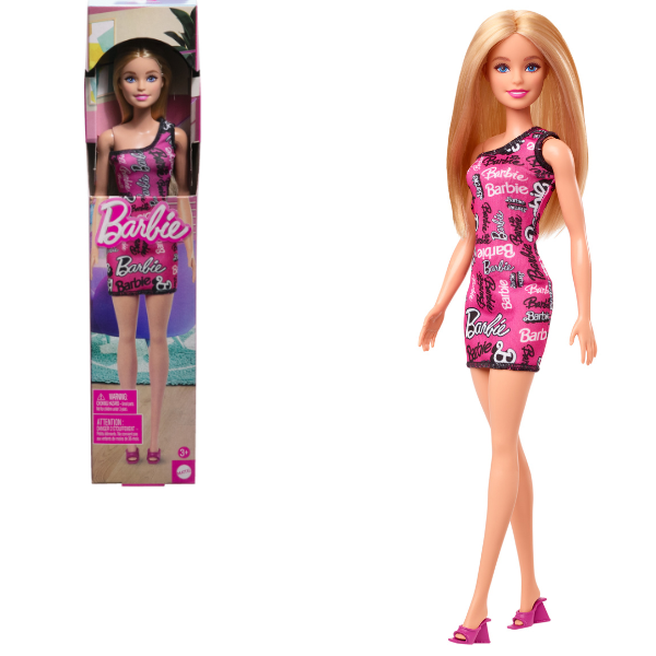Păpușa Barbie Fashion cu părul blond și rochie roz cu logo-ul Barbie imprimat [1]