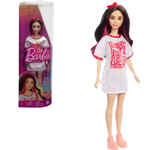 Păpușa Barbie "Fashionista cu păr negru ondulat cu rochie Twist 'n' Turn" [1]