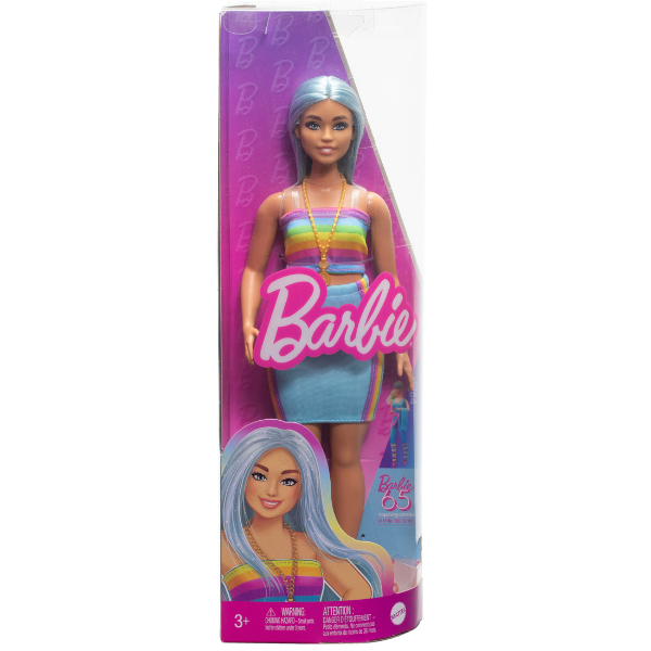Păpușa Barbie „Fashionista cu părul albastru, bluză curcubeu și fustă de culoare verde-vișinie” [7]