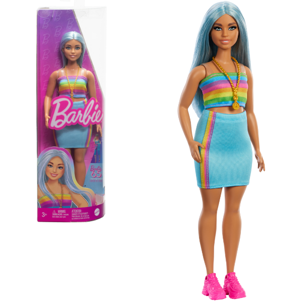 Păpușa Barbie „Fashionista cu părul albastru, bluză curcubeu și fustă de culoare verde-vișinie” [1]