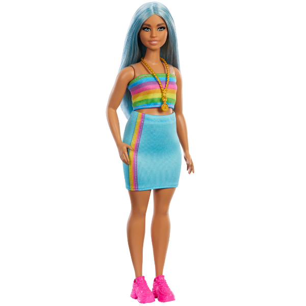 Păpușa Barbie „Fashionista cu părul albastru, bluză curcubeu și fustă de culoare verde-vișinie” [8]