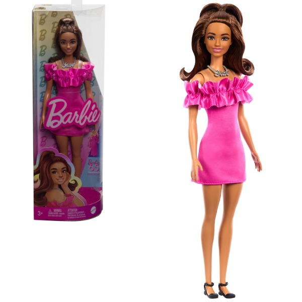 Păpușa Barbie "Fashionista cu părul ondulat șaten și o rochie roz" [1]