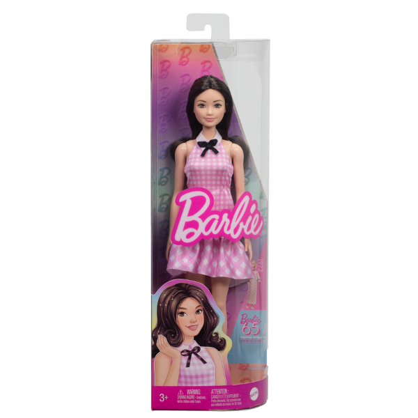 Păpușa Barbie "Fashionista în rochie roz în carouri cu volane drăguțe și un guler cu fundiță" [3]