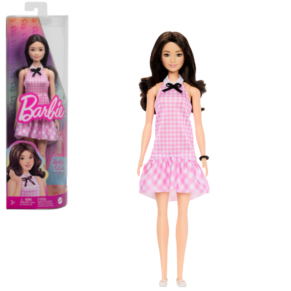Păpușa Barbie "Fashionista în rochie roz în carouri cu volane drăguțe și un guler cu fundiță" [1]