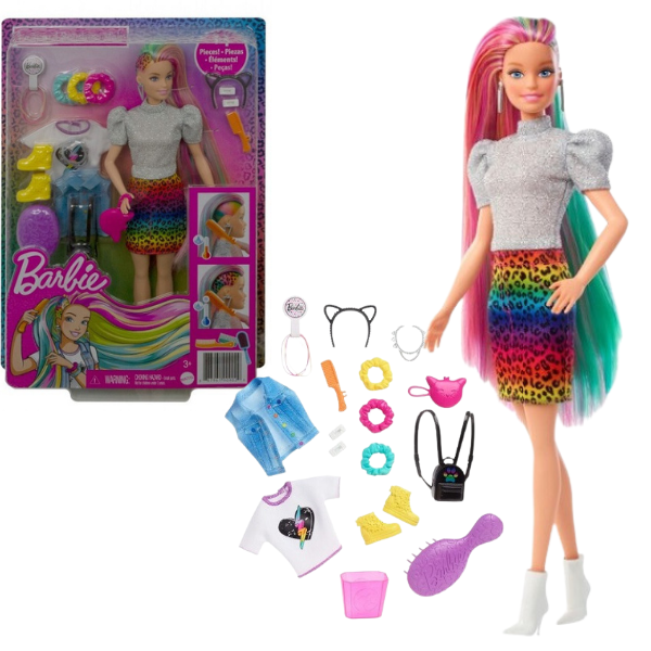 Set de joacă Barbie „Aspect de leopard cu păr în nuanțe de curcubeu” [1]