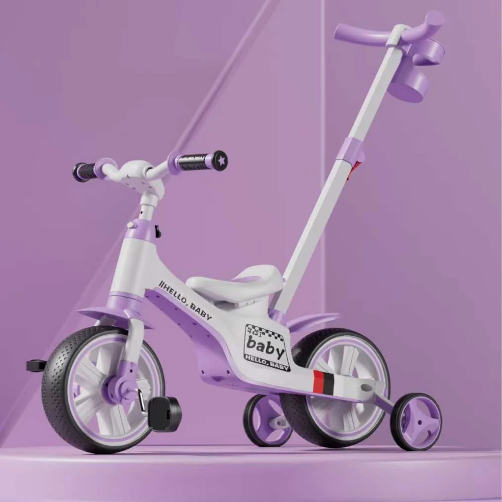 Tricicletă 4 în 1 pentru copii, cu mâner parental, muzică și lumini, mov (402867) [2]