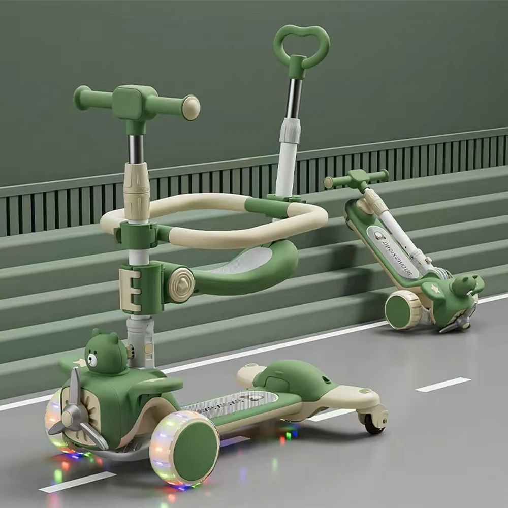 Trotinetă pentru copii 6 în 1 cu scaun, mâner parental, roți luminoase și muzică, verde, RTM Scooter (93157) [2]