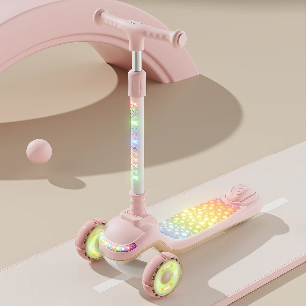 Trotinetă pentru copii cu 3 roți luminoase, platformă cu muzică și lumini, ghidon cu lumini, roz, RTM Scooter (40656) [2]