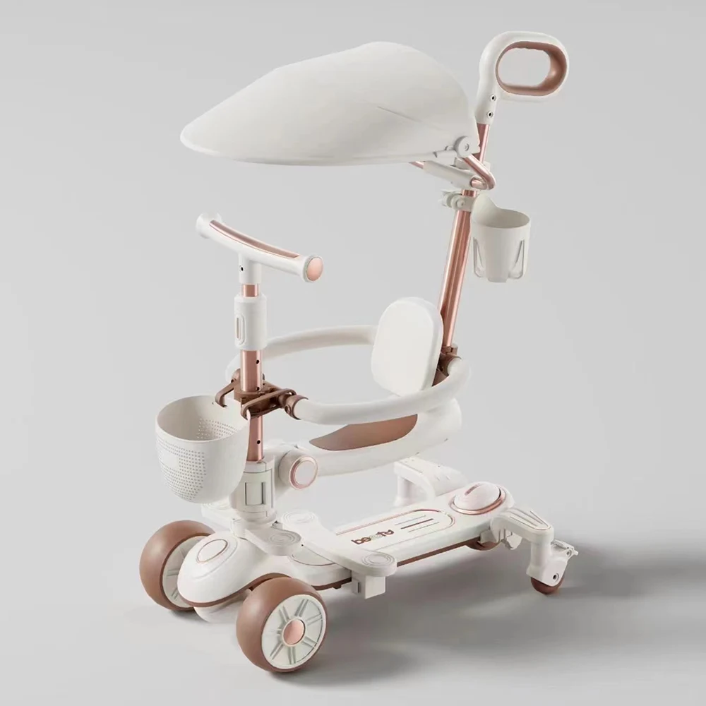 Trotinetă pentru copii cu scaun, parasolar și mâner parental, transformabilă, roți luminoase, muzică și lumini, alb, RTM Scooter (79267) [2]