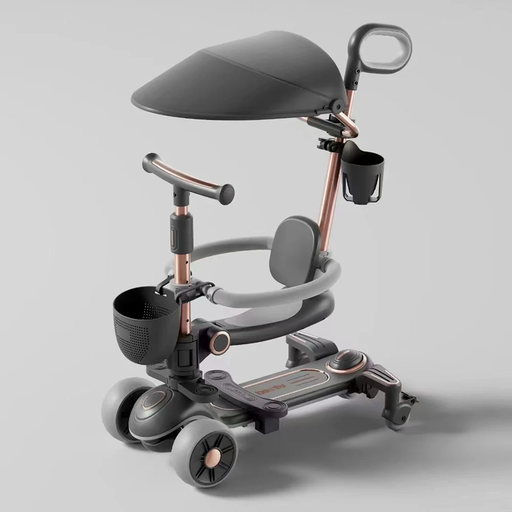 Trotinetă pentru copii cu scaun, parasolar și mâner parental, transformabilă, roți luminoase, muzică și lumini, negru, RTM Scooter (76129) [2]
